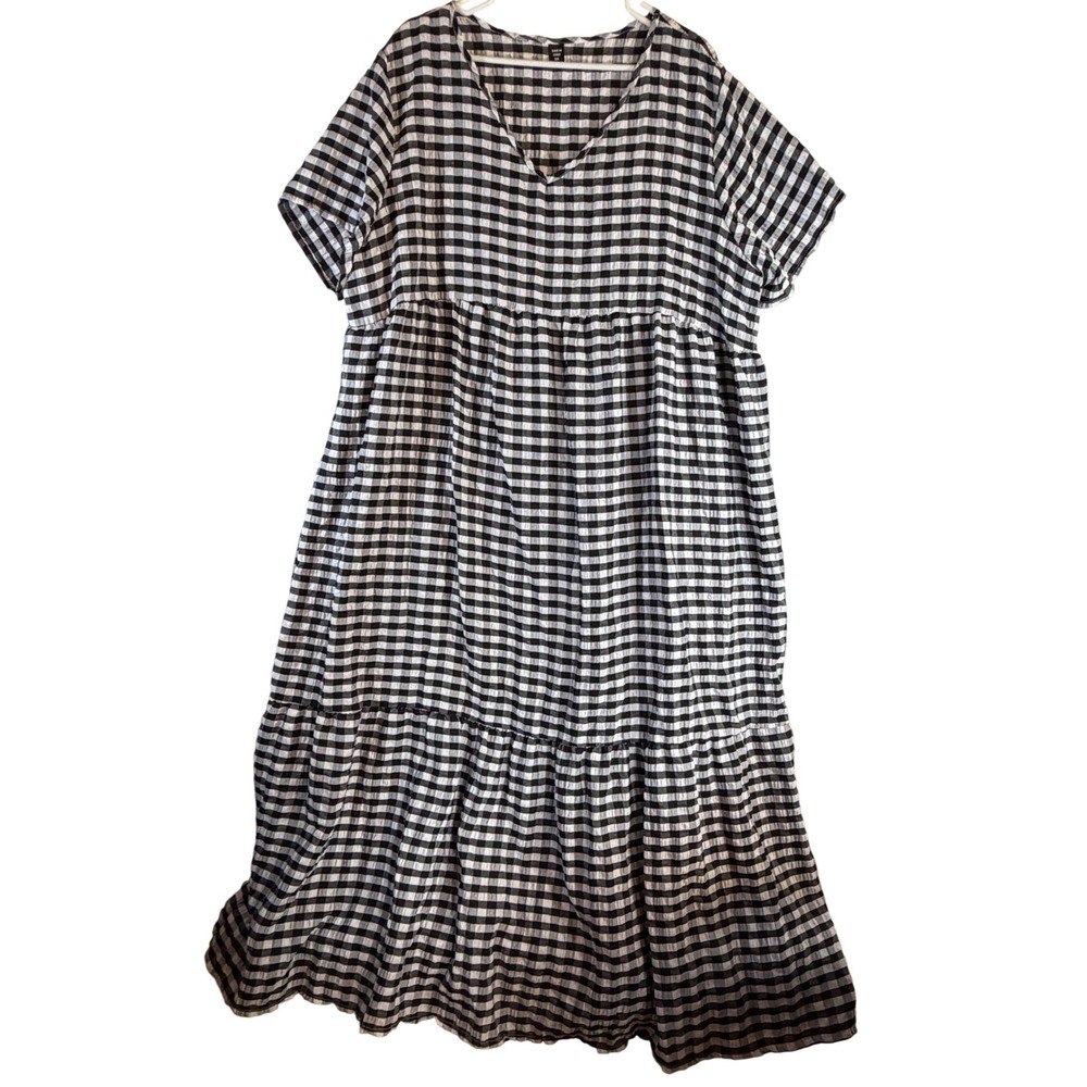 SHEIN Curve Womens 3XL Gingham Tiered Maxi Dress Black White V-Neck Short Sleeve